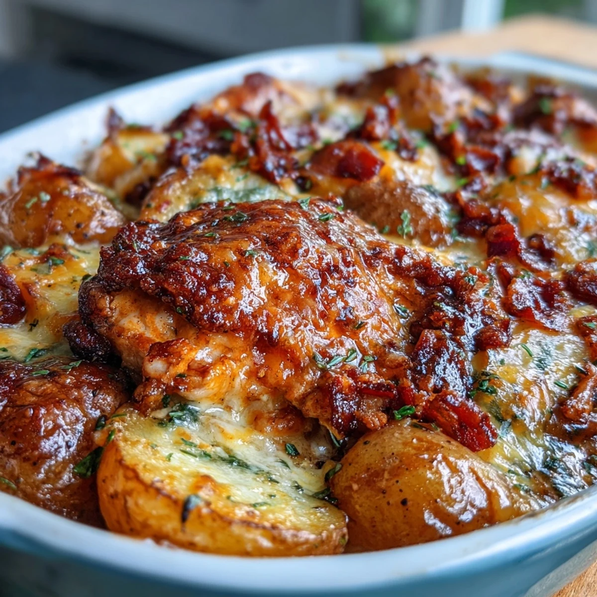 Hearty Buffalo Ranch Chicken Potato Bake topped with melted cheddar, juicy chicken, baby potatoes, and a spicy ranch drizzle for ultimate comfort food.