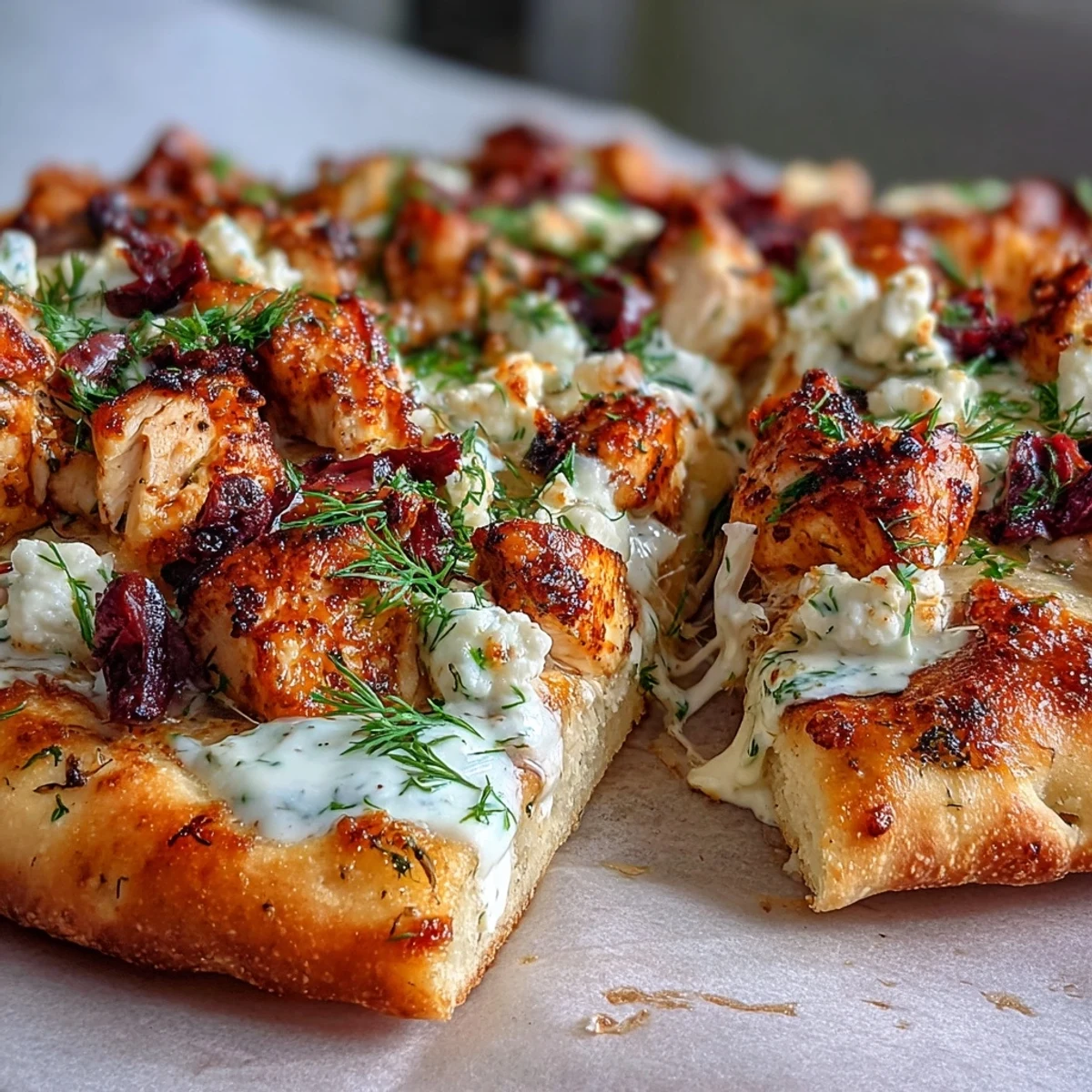 Mediterranean-style naan pizza with lemon chicken, tzatziki sauce, and fresh herb garnish.