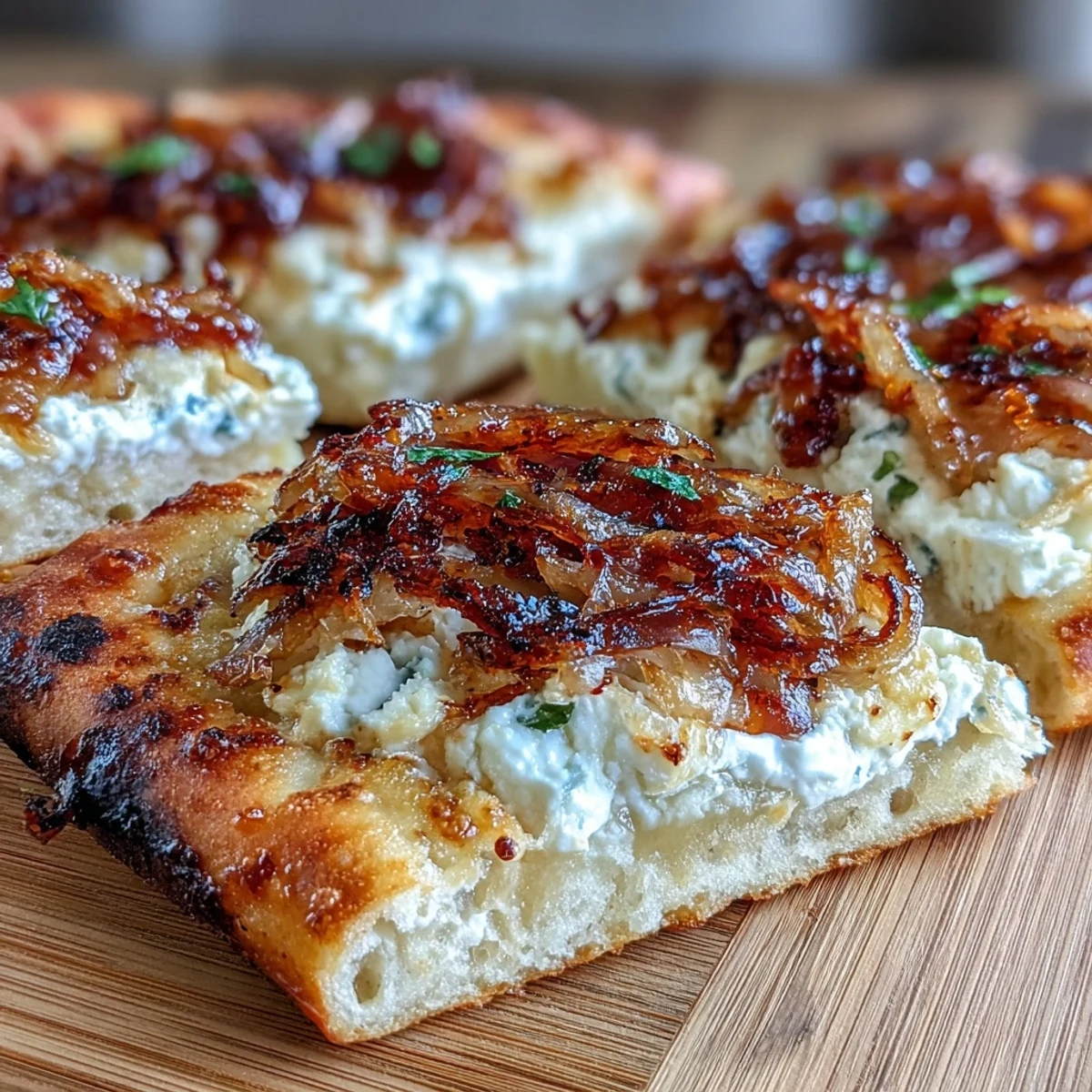 A crispy golden flatbread topped with tangy goat cheese, sweet caramelized onions, and a drizzle of honey with chili flakes for a savory-sweet appetizer.