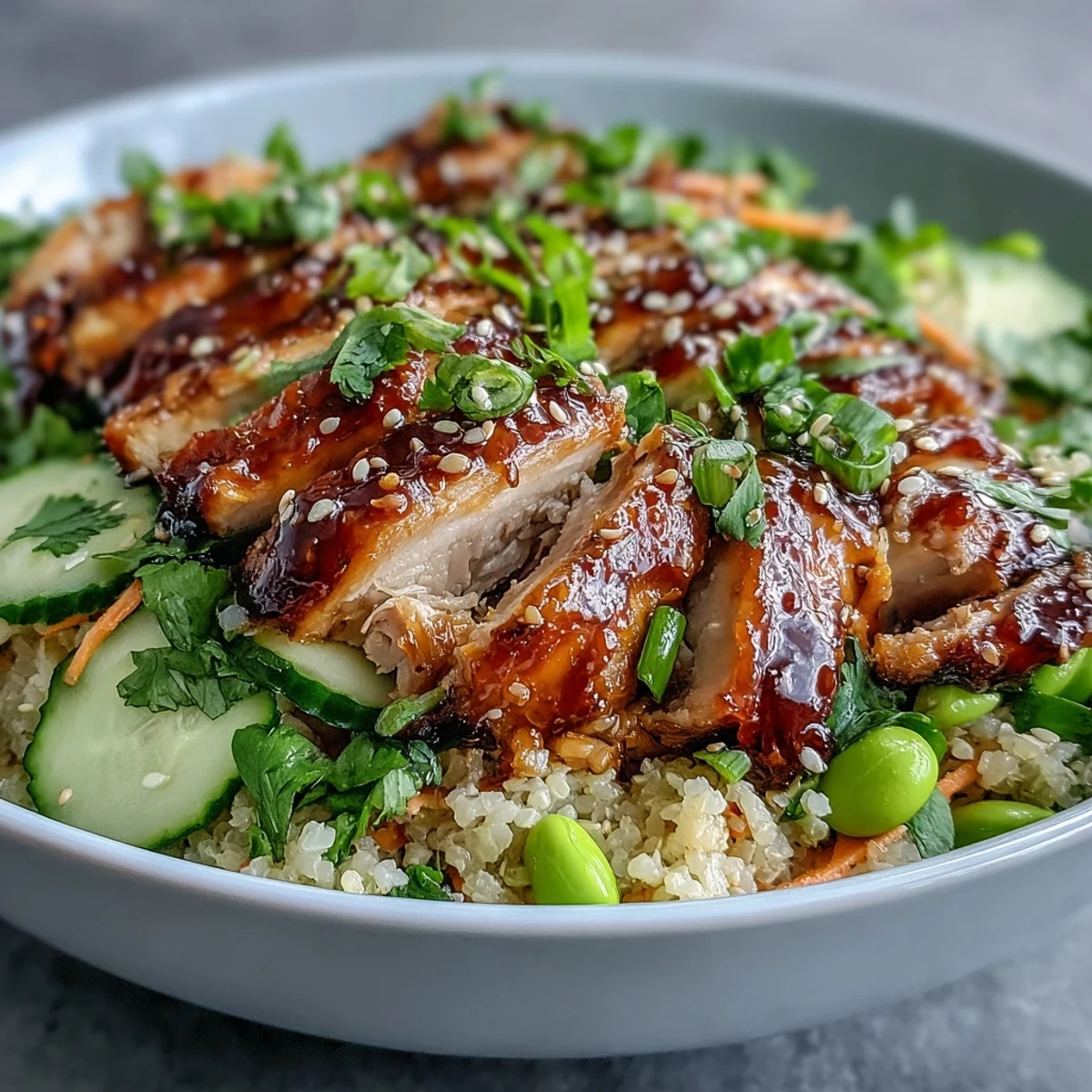 A vibrant bowl of sesame ginger chicken couscous with tender chicken slices, colorful vegetables, and fresh herbs, perfect for a healthy meal.  