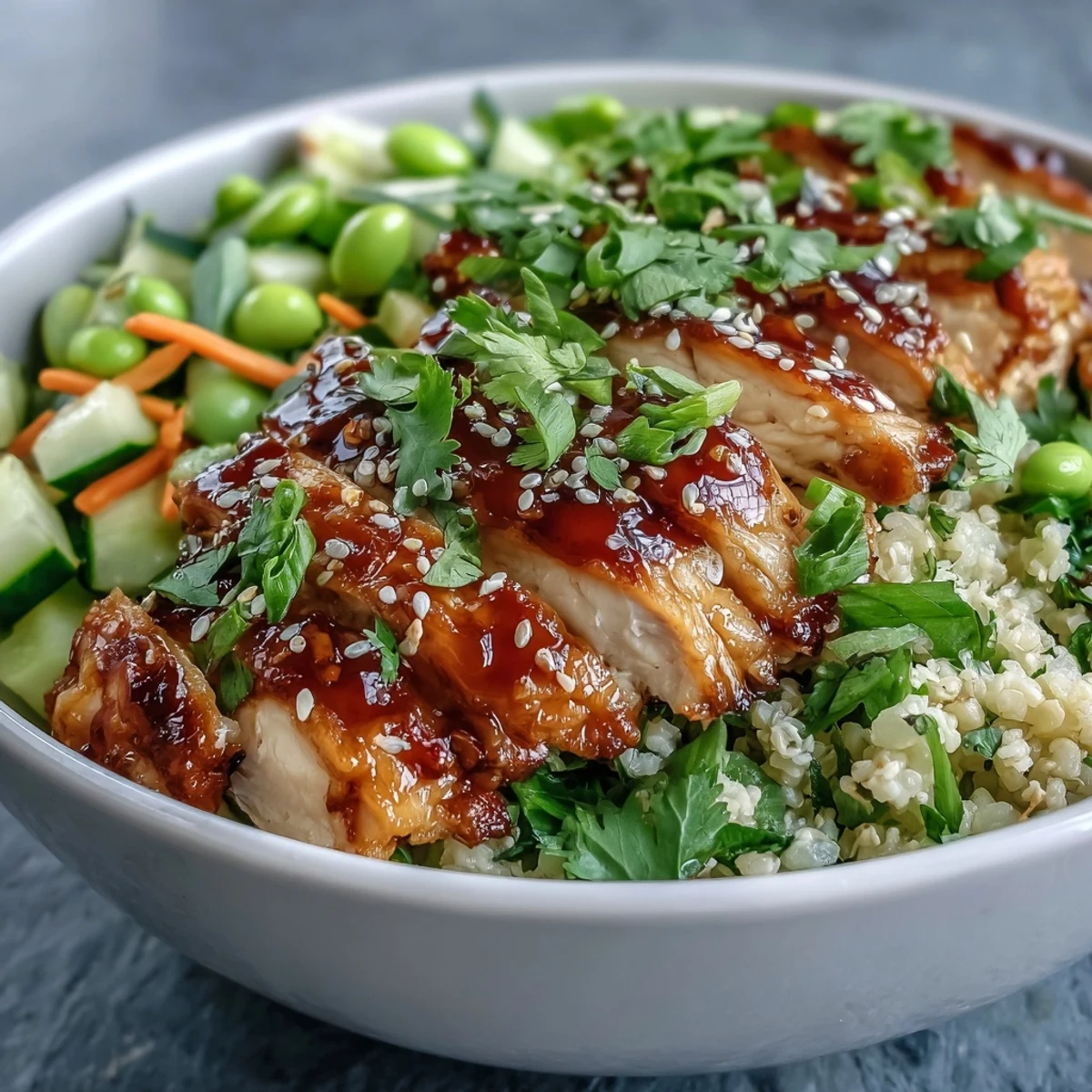 Mediterranean pearl couscous tossed in a zesty sesame-ginger dressing, topped with baked chicken breast, cucumber, carrots, and crunchy cashews.  