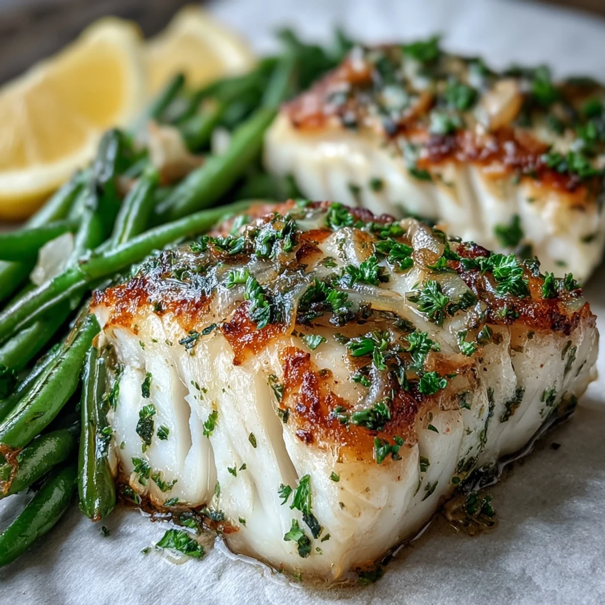 Healthy lemon garlic tilapia packets with green beans, tender fish and veggies steamed in foil for a light, flavorful dinner.