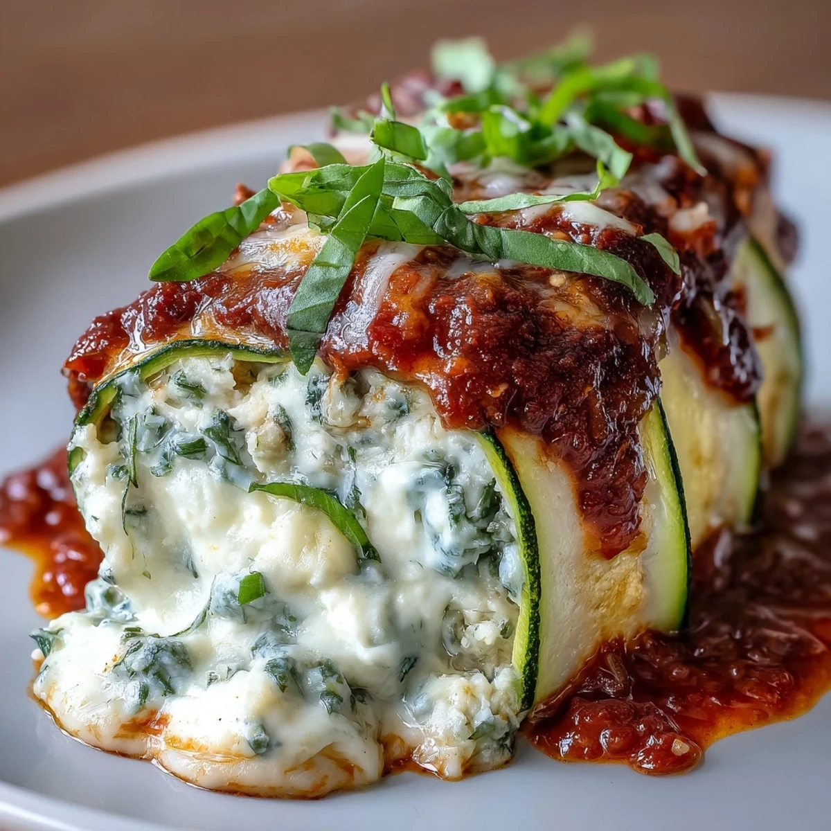 Keto Zucchini Lasagna Roll-Ups with Ricotta and Marinara - tender zucchini slices rolled with creamy ricotta, Parmesan, and herbs, baked in rich marinara sauce.