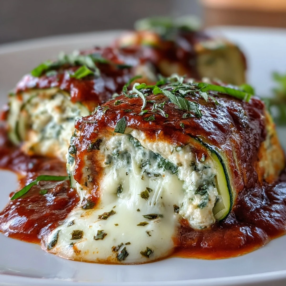 Low-carb zucchini lasagna roll-ups filled with ricotta, mozzarella, and Italian herbs, smothered in sugar-free marinara and baked until golden and bubbly.