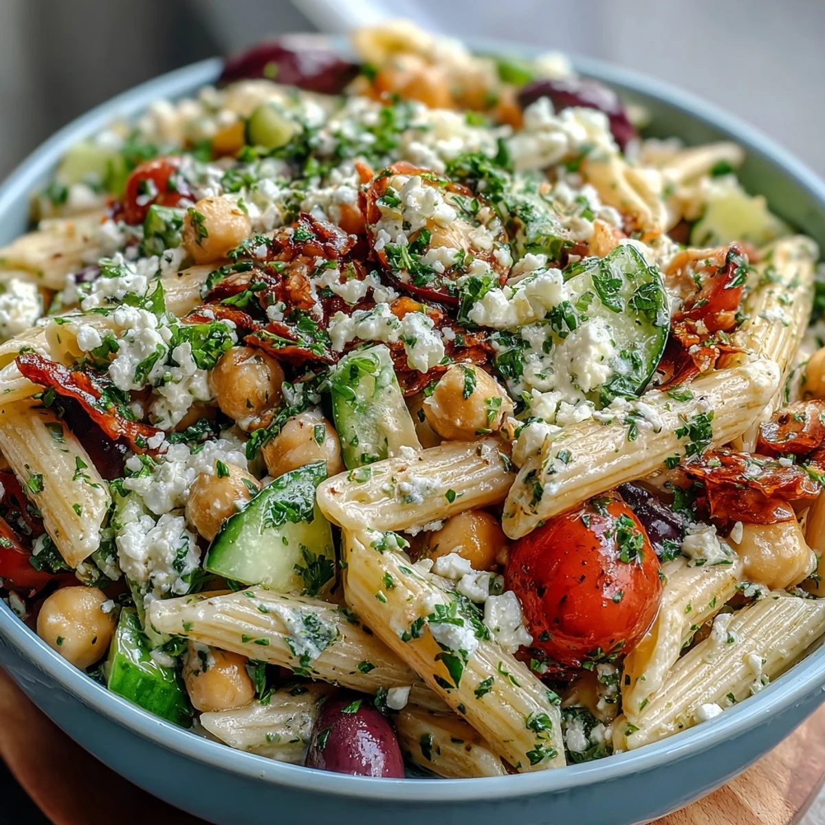 Vibrant Mediterranean chickpea pasta salad with cucumber, tomatoes, and olives, tossed in zesty lemon-herb dressing.  