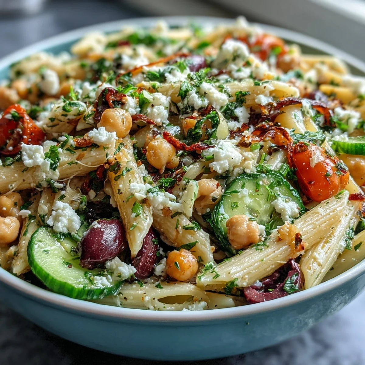 Refreshing Mediterranean chickpea pasta salad featuring crisp cucumber, juicy tomatoes, and tangy feta cheese in a bright vinaigrette.