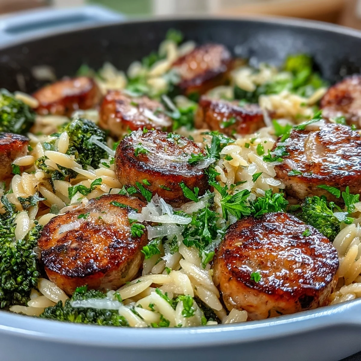 One-pan chicken sausage broccoli orzo with golden sausage slices, tender orzo, and vibrant green broccoli in a creamy Parmesan lemon sauce.