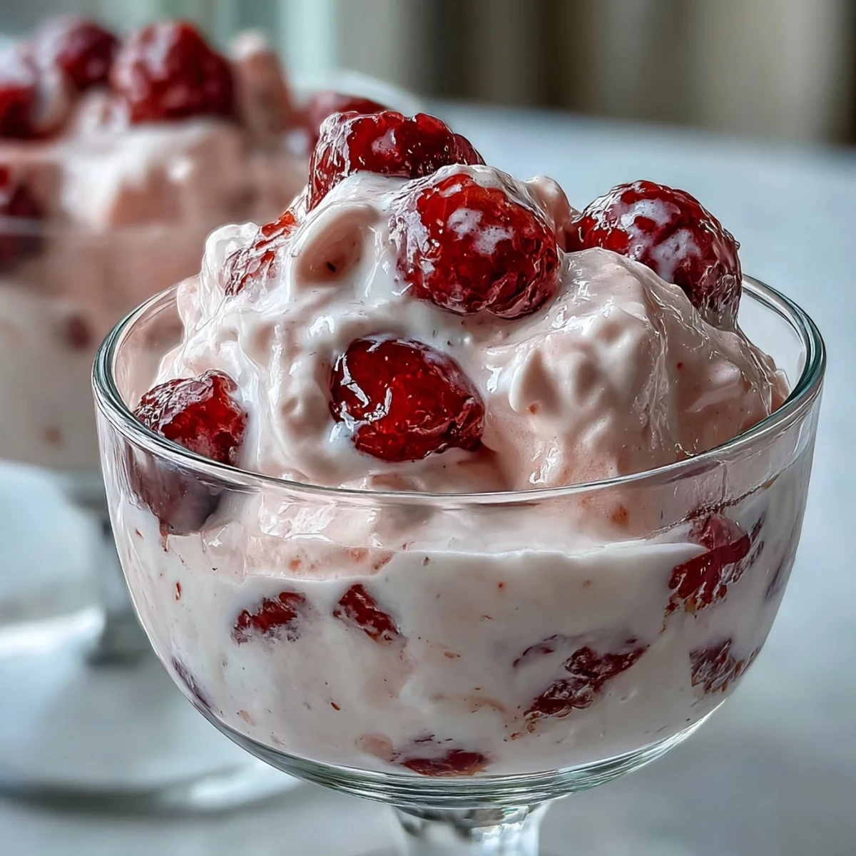 Velvety smooth cottage cheese raspberry mousse topped with vibrant red raspberries and fresh mint.  