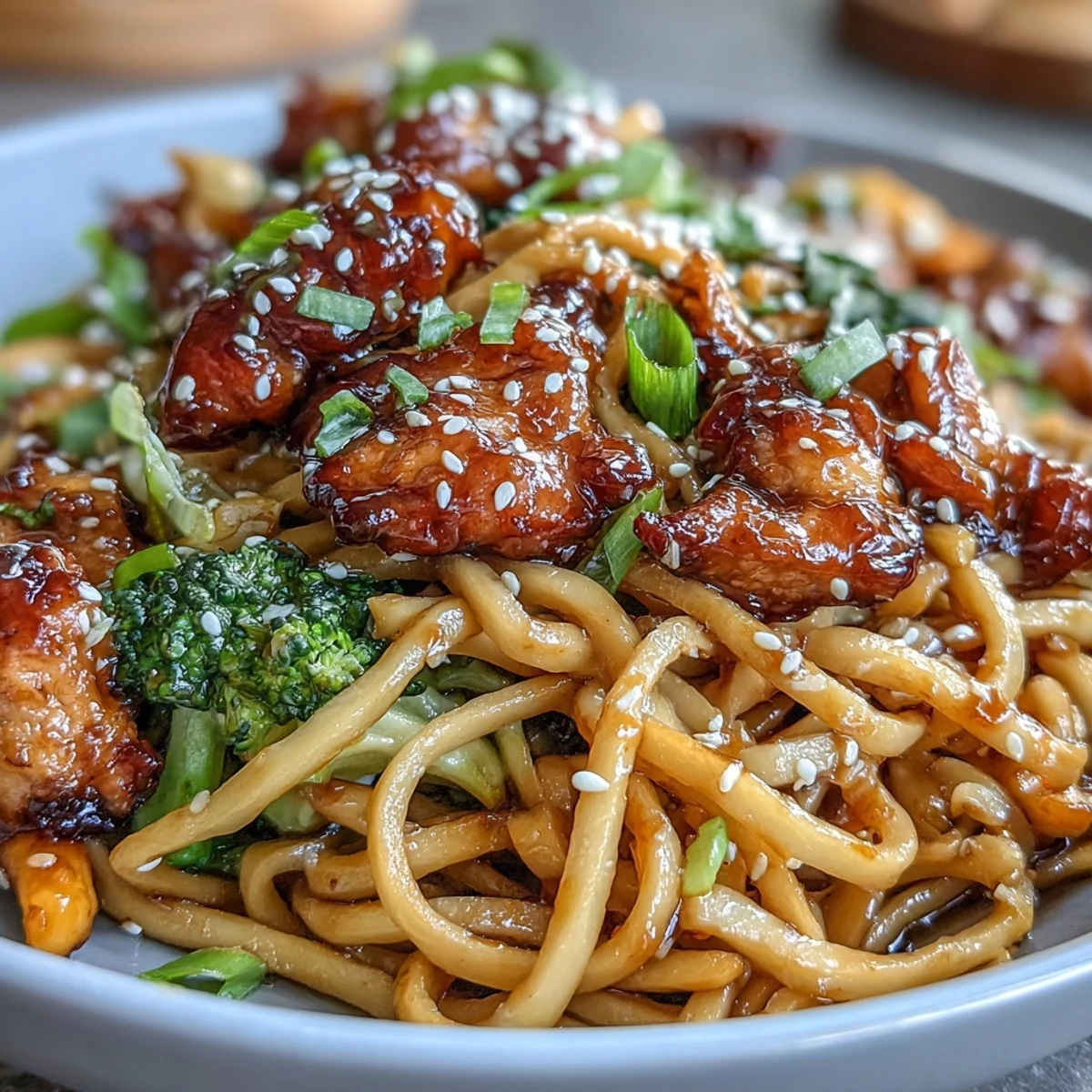 Glazed sticky garlic chicken noodles served hot with a sprinkle of green onions and sesame seeds, perfect for quick weeknight meals.