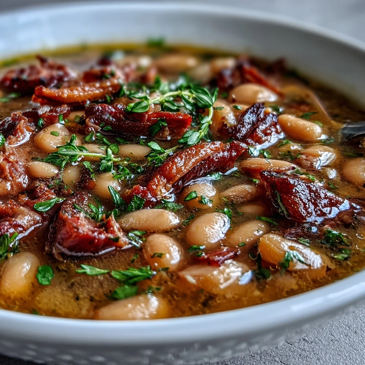 A steaming bowl of Ham and Navy Bean Soup with Fresh Thyme, garnished with parsley and served alongside crusty bread.