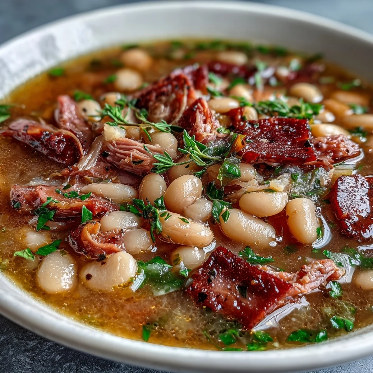 Hearty Ham and Navy Bean Soup with Fresh Thyme, featuring tender beans, savory ham, and aromatic herbs in a rustic farmhouse setting.