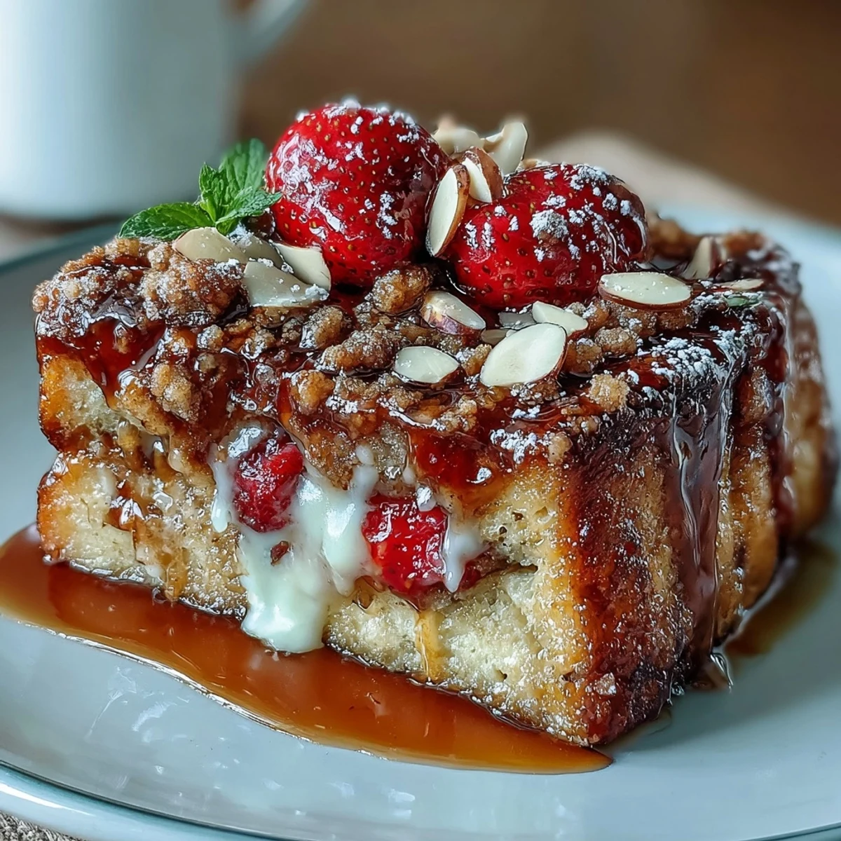 Festive Galentine's Brunch Strawberry French Toast Casserole with golden crust and juicy berries, perfect for sharing with friends.