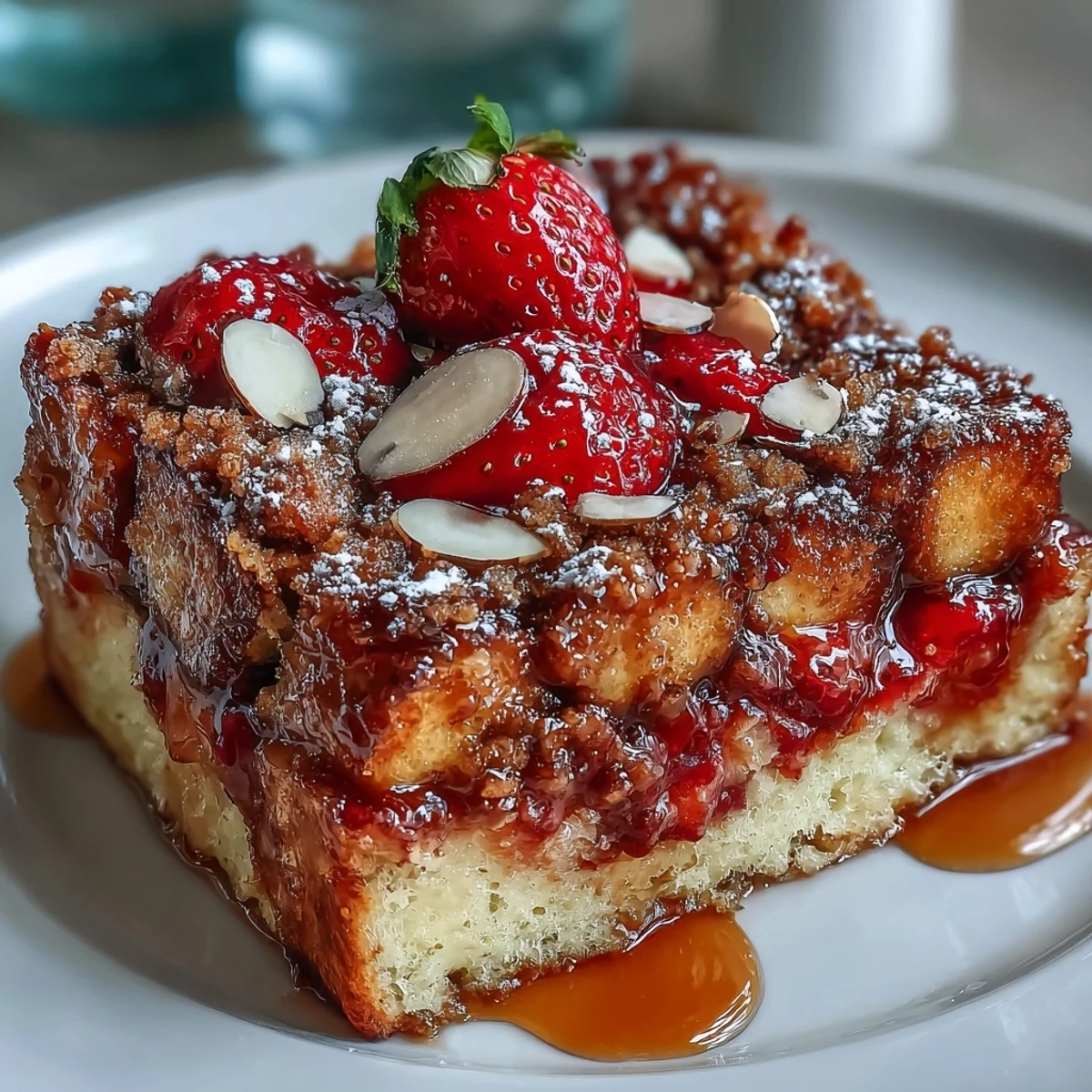 Make-ahead strawberry brioche casserole topped with crunchy cinnamon streusel, ideal for a sweet and celebratory Galentine's breakfast.