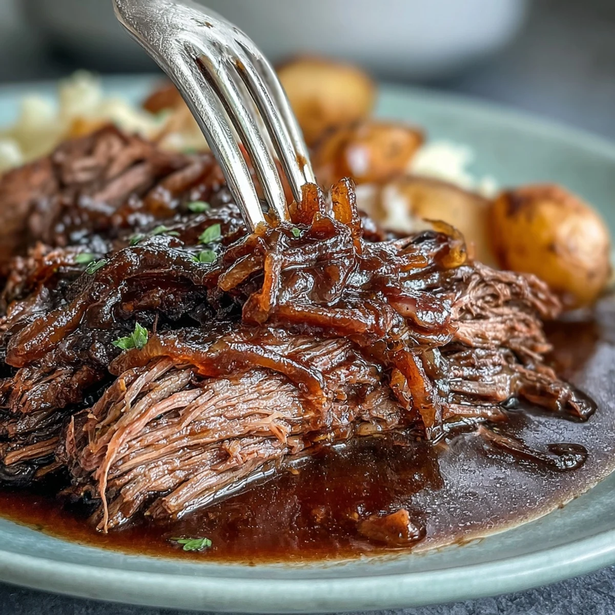Savory onion soup mix infuses this slow cooker pot roast, resulting in melt-in-your-mouth beef and vegetables bathed in a flavorful gravy.
