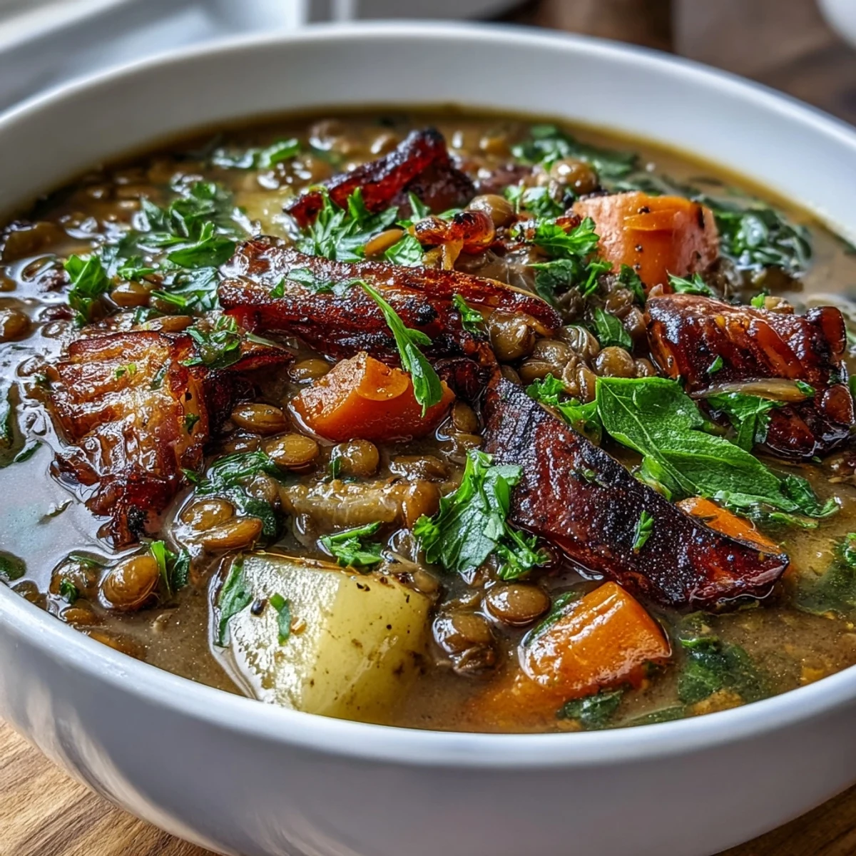Hearty ham bone and lentil soup with tender root vegetables simmering in a rich, savory broth—perfect for cozy meals.