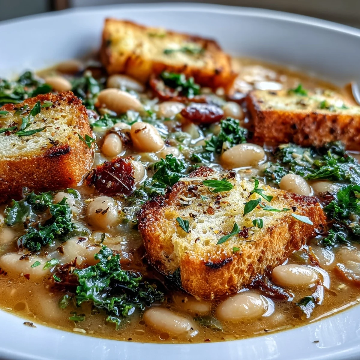 Wholesome Tuscan Ribollita with cannellini beans, leafy kale, and crunchy sourdough croutons, perfect for chilly evenings.