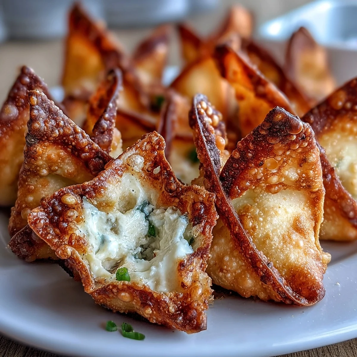 Golden-brown wontons with savory cream cheese filling, garnished with fresh chives for a delightful appetizer.