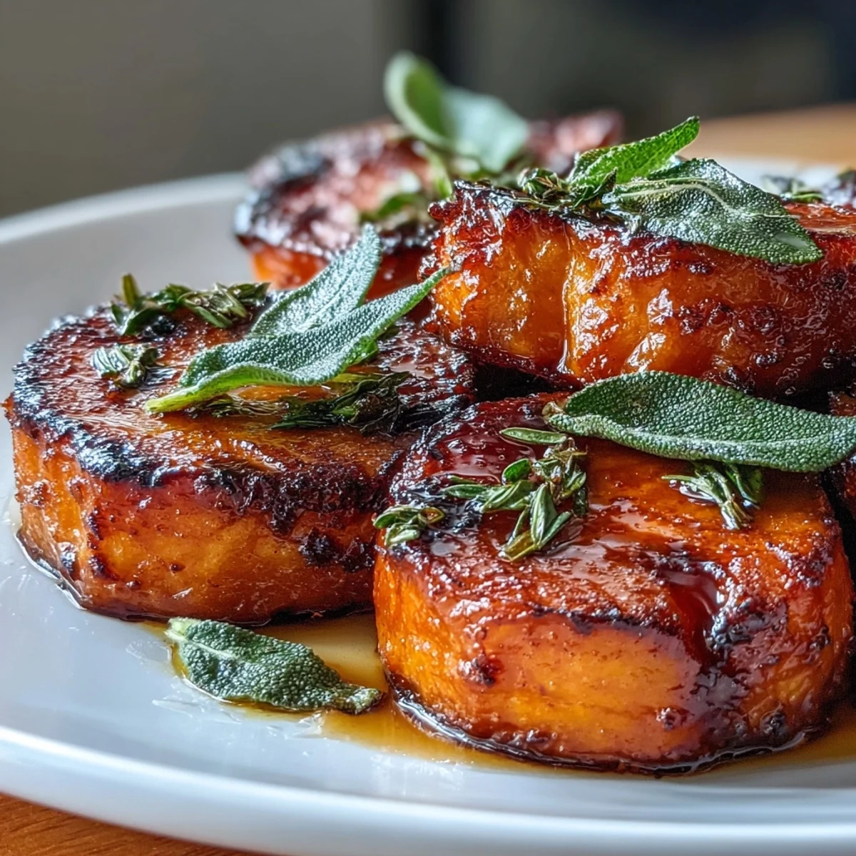 Rich brown butter sage candied yams, sweet and savory, with a glossy maple-orange glaze for festive feasts.  