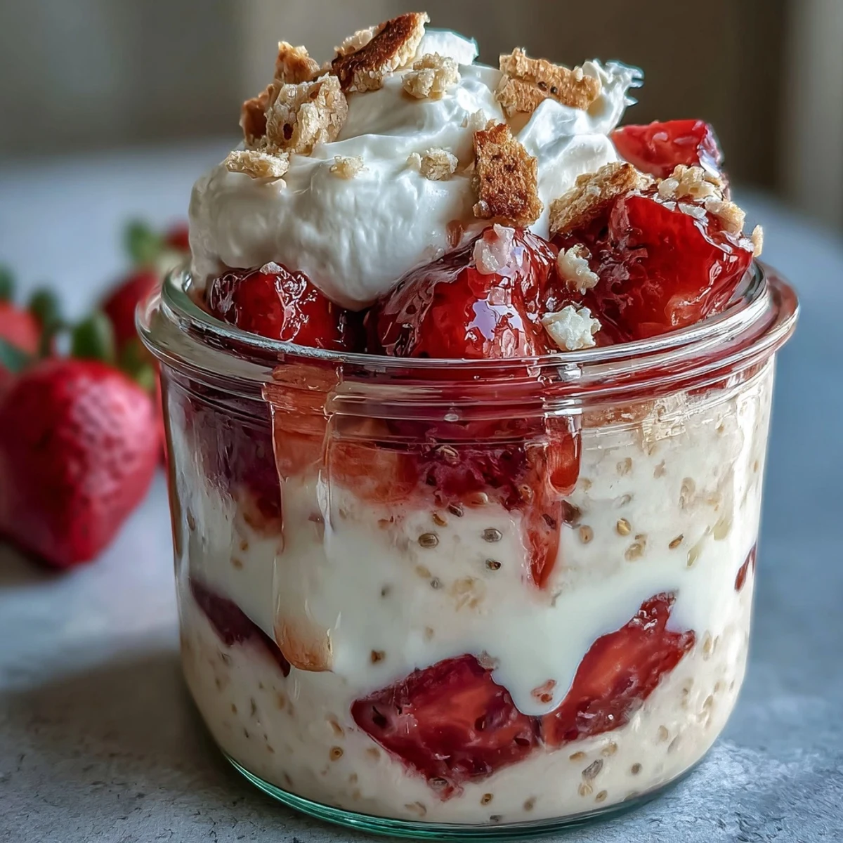 A vibrant jar of strawberry shortcake overnight oats, featuring juicy berries, creamy oats, and a crunchy cookie topping for a satisfying morning meal.