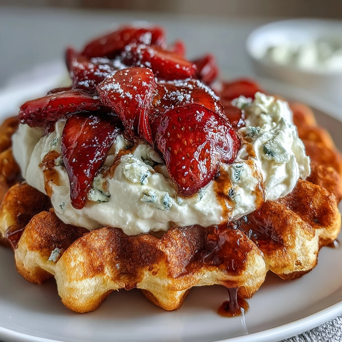 Fluffy heart-shaped waffles served with a creamy, protein-packed cottage cheese topping and juicy macerated strawberries for a delightful morning treat.