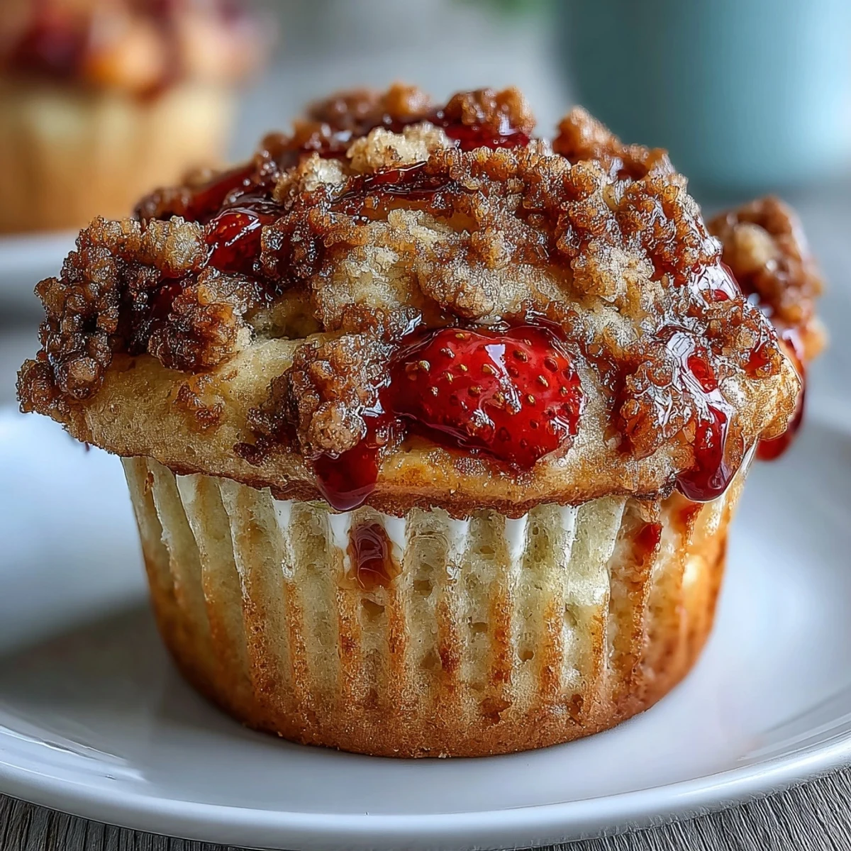 Golden strawberry sourdough muffins with crumb topping, featuring juicy berries and a crunchy cinnamon streusel.