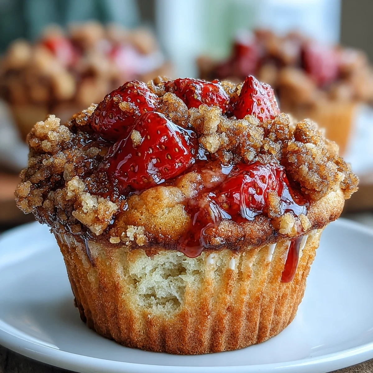 Fluffy sourdough muffins bursting with fresh strawberries and crowned with a buttery, golden crumb topping.