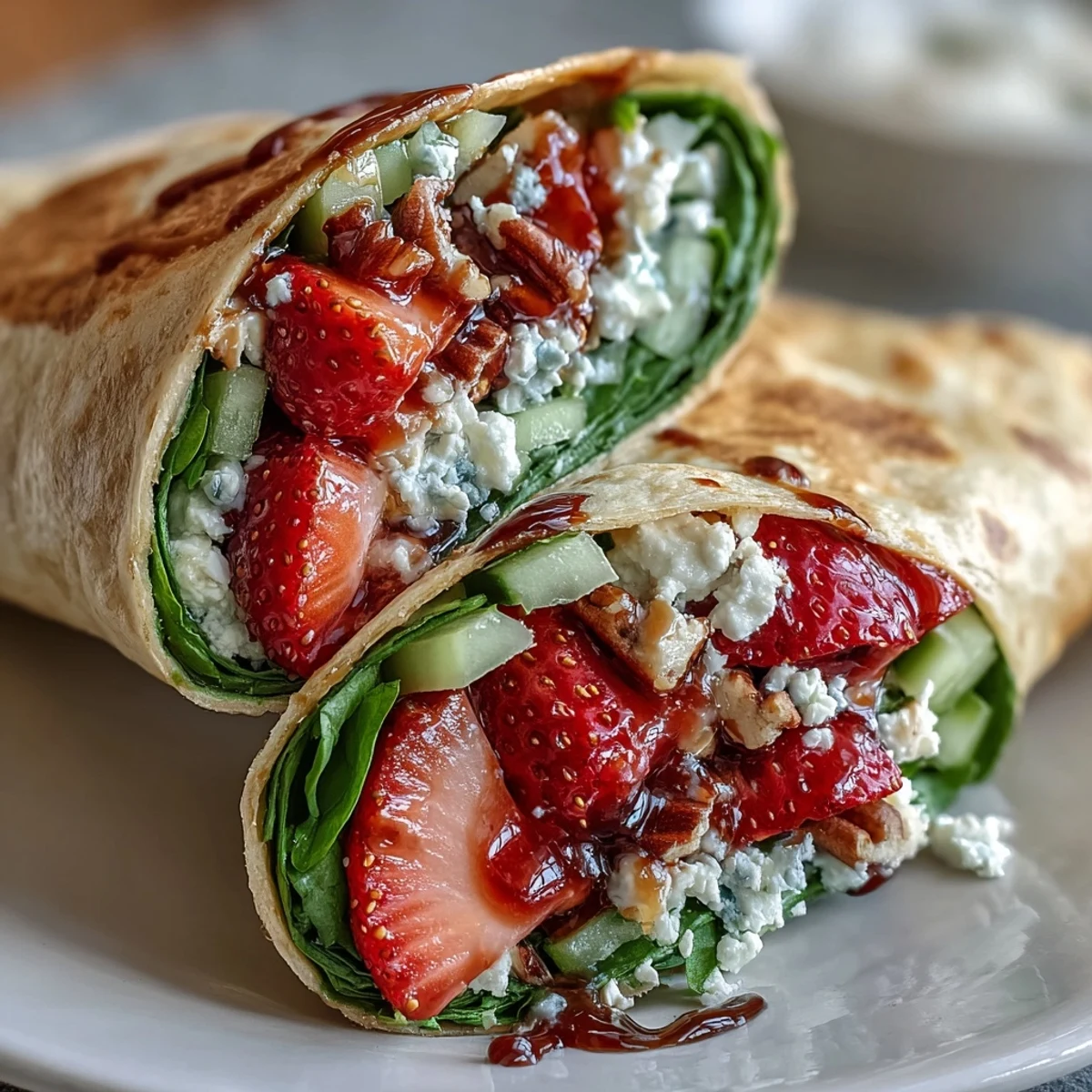 Fresh strawberry spinach wraps with creamy goat cheese and balsamic glaze, layered in soft whole wheat tortillas.  