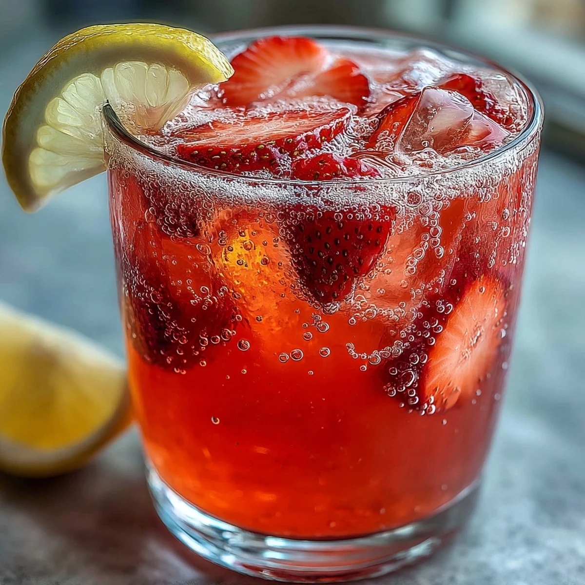 A vibrant glass of strawberry lemonade mocktail with sparkling water, garnished with fresh strawberries and lemon slices, perfect for summer refreshment.