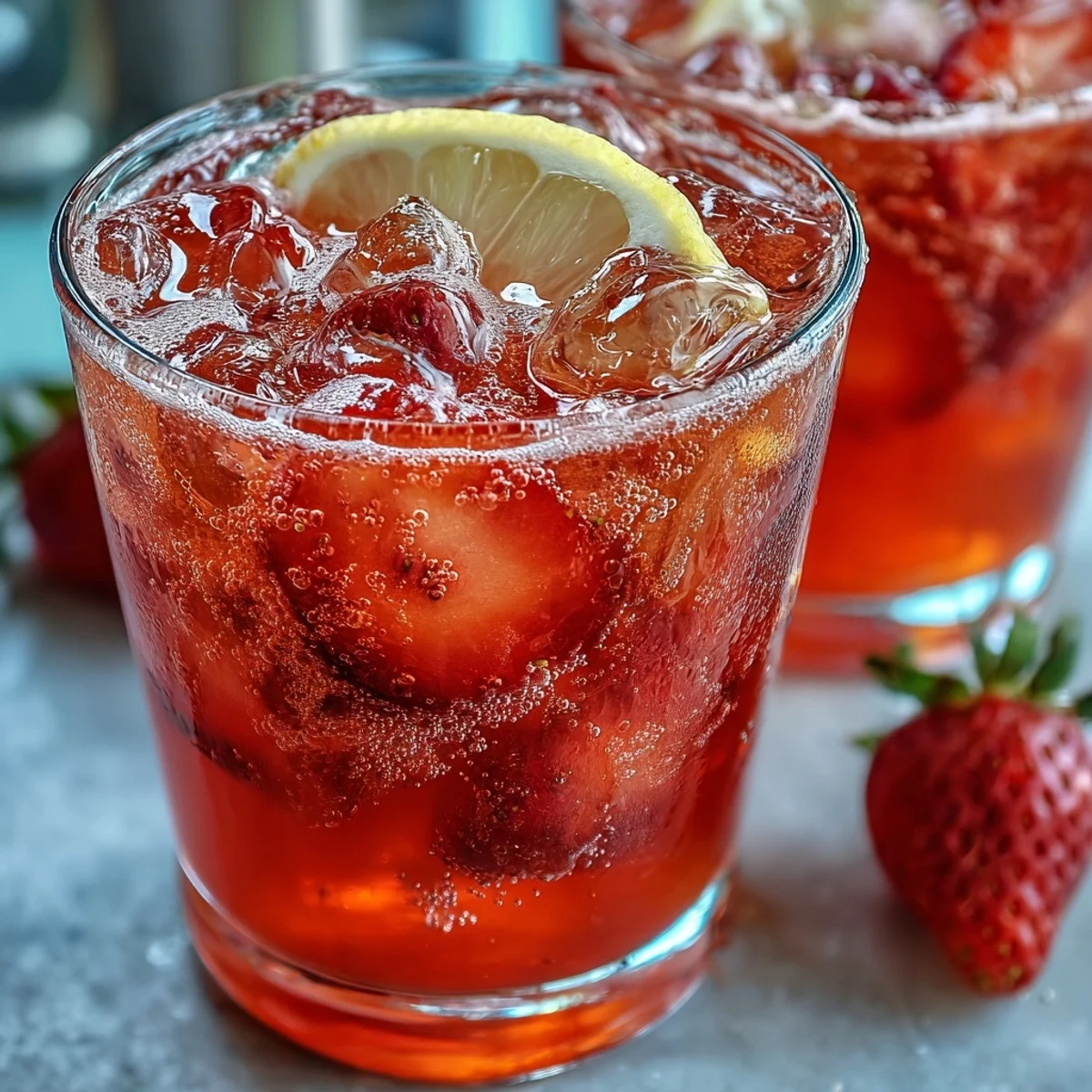 Bright and bubbly strawberry lemonade mocktail made with fresh berries and zesty lemon juice, served over ice with a splash of sparkling water.