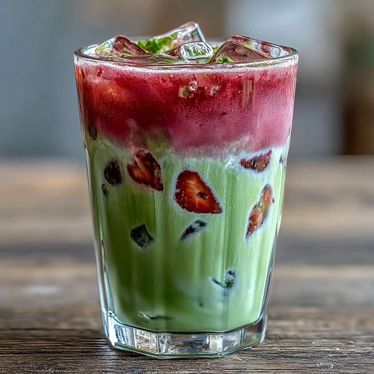 Creamy oat milk and strawberry puree base topped with frothy matcha green tea in a tall glass, creating a visually stunning and delicious iced latte.