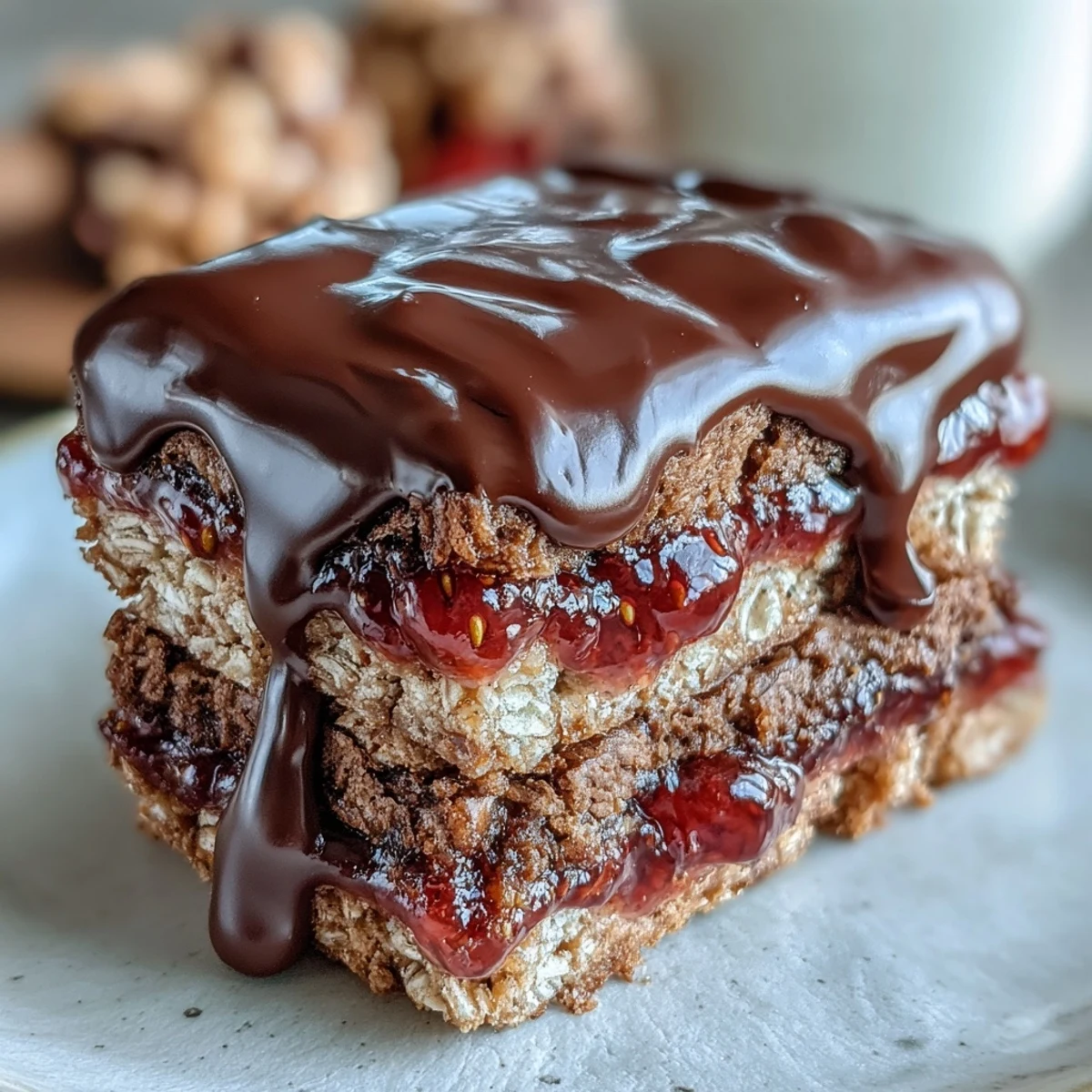 Layered strawberry jam and oat base bars dipped in semi-sweet chocolate, offering fruity flavor and satisfying crunch in every bite.