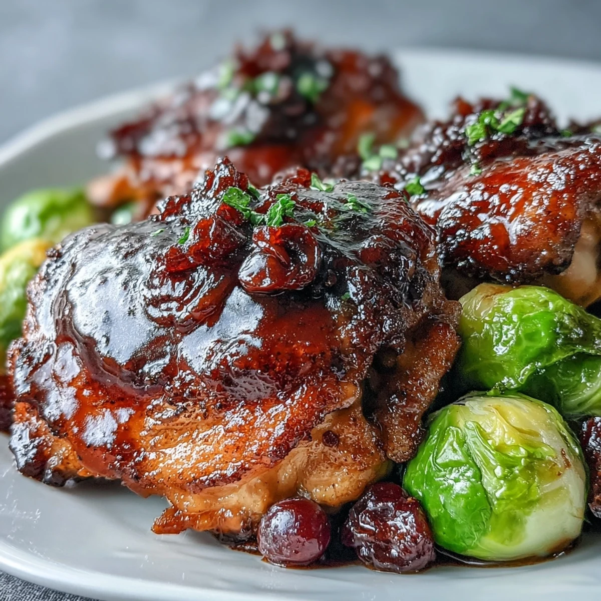 Sheet Pan Balsamic Chicken with Brussels Sprouts and Grapes: golden roasted chicken thighs glazed in tangy balsamic, surrounded by caramelized Brussels sprouts and juicy roasted grapes.