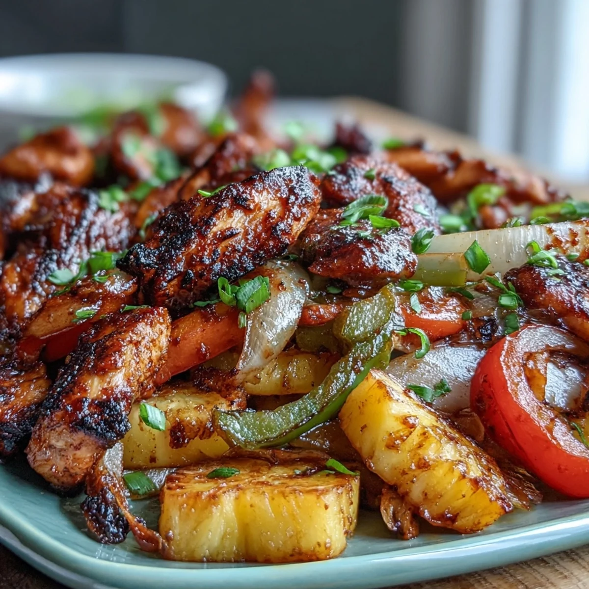 Sheet pan chicken fajitas with pineapple and bell peppers, roasted until tender and caramelized for a flavorful Tex-Mex dinner.