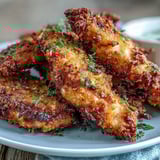Crispy Turmeric Chicken Tenders stacked high on a plate, golden brown with visible spice flecks, served beside a creamy dipping sauce.