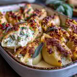 Fork-ready Pumpkin & Gouda Stuffed Shells with creamy filling and rich brown butter Alfredo sauce, perfect for cozy Italian-American family dinners.