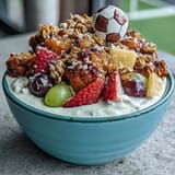 Healthy Soccer Team Snack Cups with Fruit and Granola, featuring vanilla yogurt, fresh pineapple, and green grapes for an energizing post-game snack.