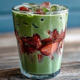 Two glasses of refreshing strawberry matcha latte, perfect for a summer vegan treat.