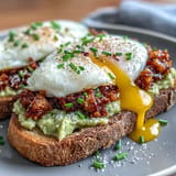 Golden toasted sourdough layered with smashed avocado, poached egg, and a generous spoonful of crunchy chili crisp for a bold brunch.