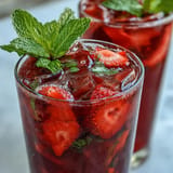 Hibiscus Strawberry Lemonade recipe showcasing a perfectly chilled, festive ruby-red beverage.