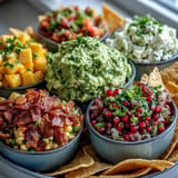 Festive guacamole bar with vibrant toppings, piled high on crunchy tortilla chips.