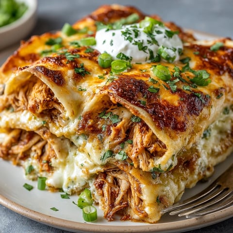Cheesy green chile enchiladas layered in a casserole dish, steaming hot from the oven