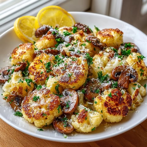 Garlic Cauliflower Mushroom Skillet served in a rustic pan, topped with fresh parsley and Parmesan.