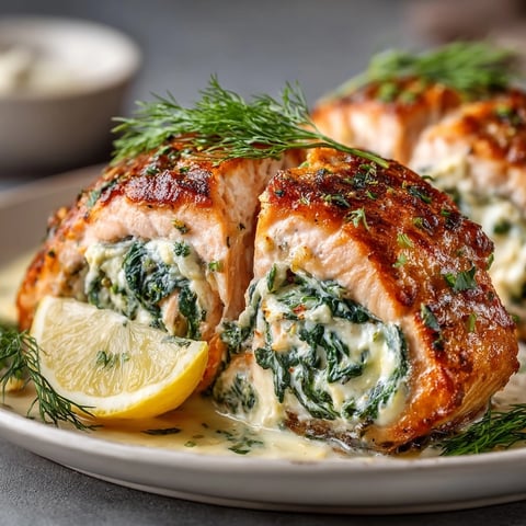 Easy Spinach Stuffed Salmon baked until flaky, filled with creamy garlic spinach cheese filling.