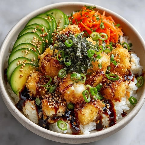 Crunch Roll Sushi Bowl topped with crispy tempura flakes, fresh vegetables, and spicy mayo drizzle.
