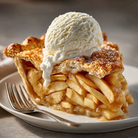 Classic apple pie with vanilla bean ice cream served warm, crust golden and apples bubbling.