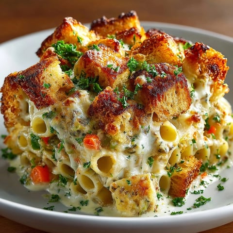 Golden-brown Thanksgiving Stuffing-Inspired Pasta Bake with herbs and melted cheese topping.
