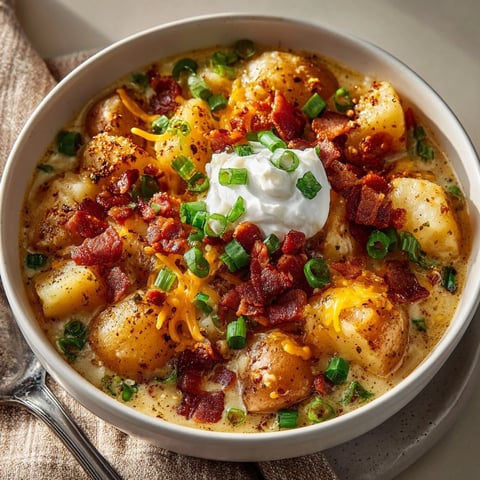 Creamy Loaded Baked Potato Chowder topped with bacon and cheese, a comforting soup for cold days.