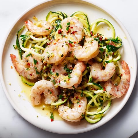 Golden shrimp tossed with bright Shrimp Scampi Zucchini Noodles, a quick and healthy meal.
