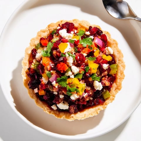 Vibrant Rainbow Cranberry Jalapeño Tartlets topped with feta and fresh herbs, perfect for entertaining.  