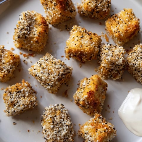 Savory tofu bites coated in sesame crust, served crispy and golden.